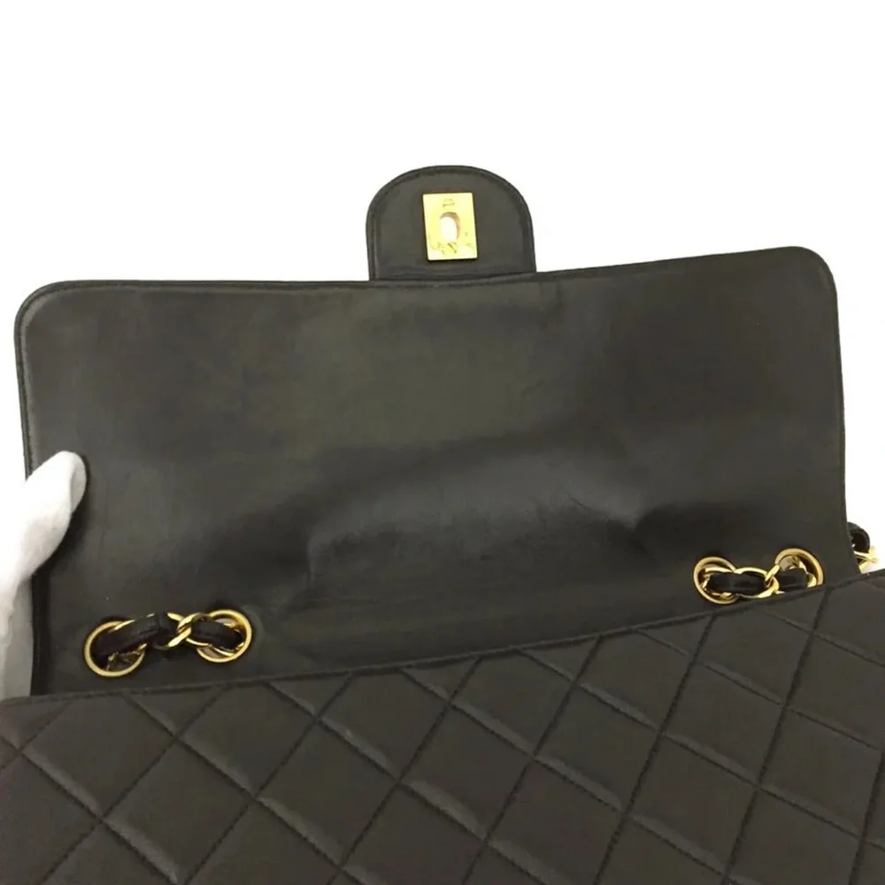 CHANEL Classic Black Leather Jumbo 30 / 24k Gold Chain Flap Bag +Card/Duster + - Picture 6 of 12